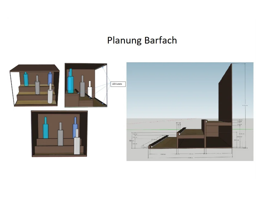 Eine 3D-Zeichnung eines Barfachs mit Flaschenregalen und den Maßen.
