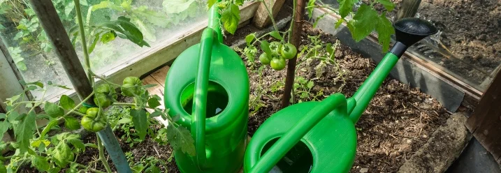 Zwei grüne Gießkannen im Gewächshaus