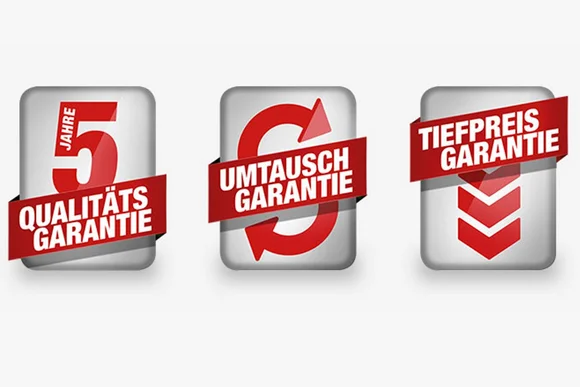 Drei Siegel mit Qualitäts-, Umtausch- und Tiefpreisgarantie
