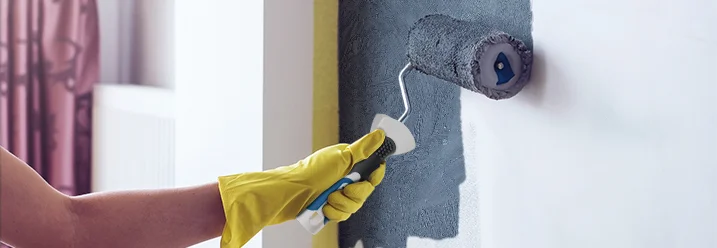 Hand mit Farbrolle streicht Wand grau