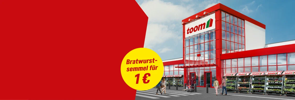 Außenansicht eines Baumarktes mit einem Angebot für eine Bratwurstsemmel für 1 Euro.