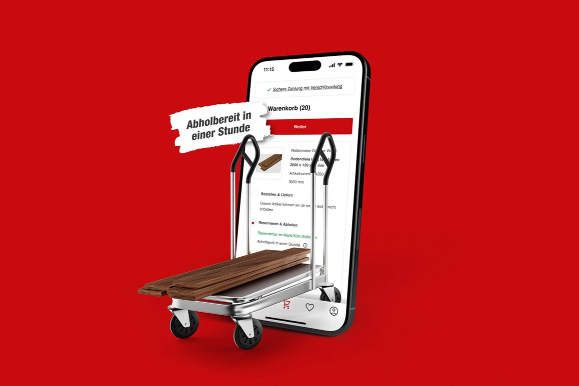 Handwagen mit Holzbrettern und Smartphone