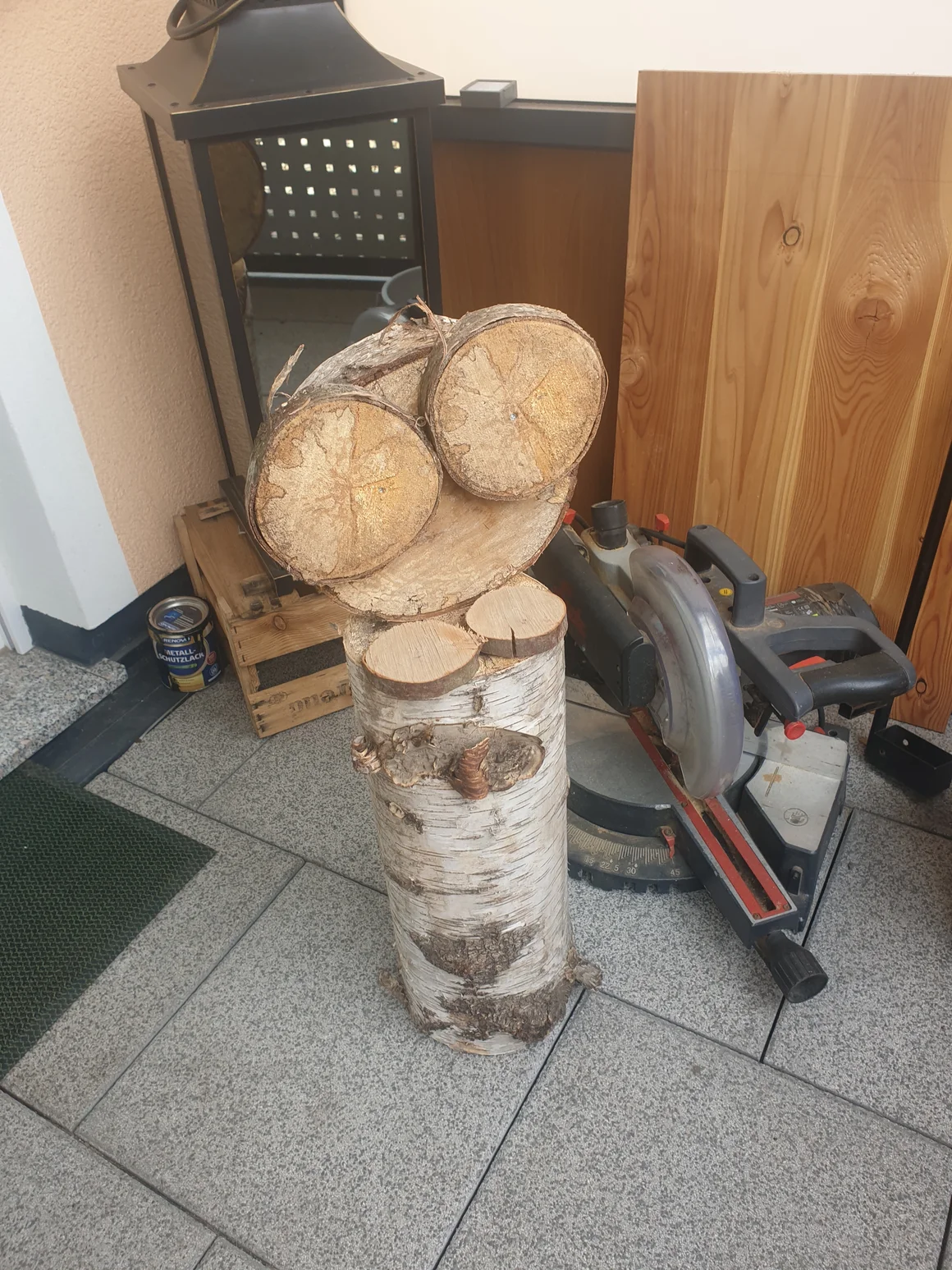 Eine Kappsäge neben geschnittenen Birkenstämmen auf grauen Terrassenplatten.