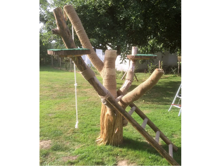 Großer Katzenkratzbaum aus Naturholz mit Seilen umwickelt