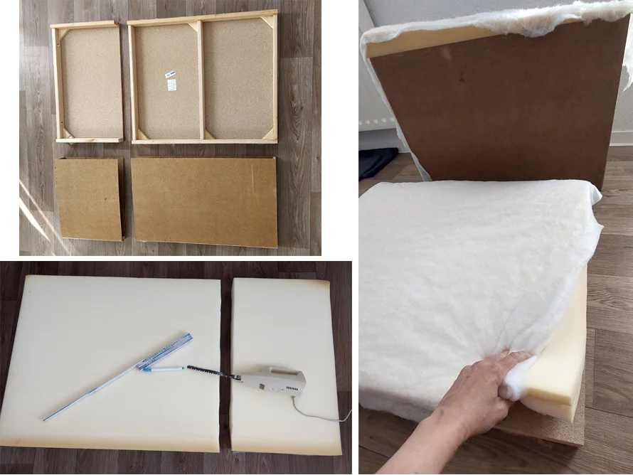 Person polstert einen Hocker mit Schaumstoff.
