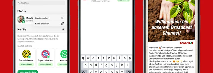Drei Smartphones zeigen die Einrichtung eines Channels