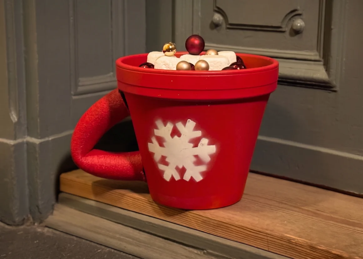 Rote Tasse mit Schneeflocke und Weihnachtskugeln als Dekoration.