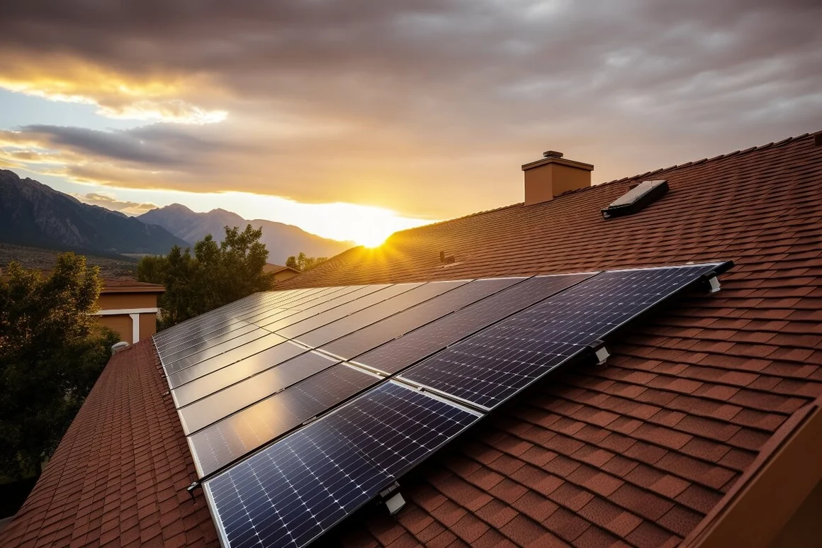Solarmodule auf einem Dach bei Sonnenuntergang